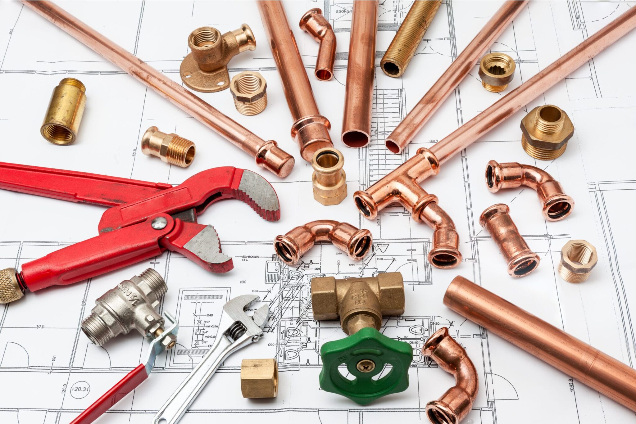 Copper pipes, fittings, valves, and plumbing tools in Lakeland