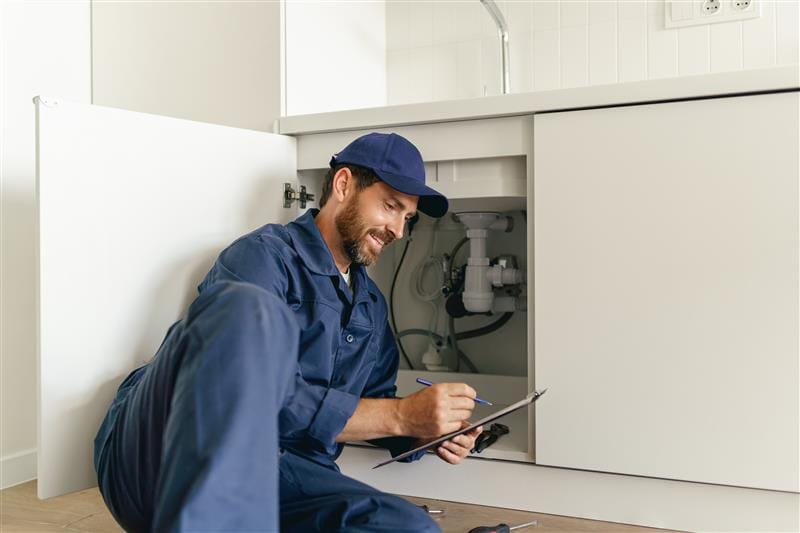 Residential plumber reviewing plumbing repairs in a Lakeland kitchen
