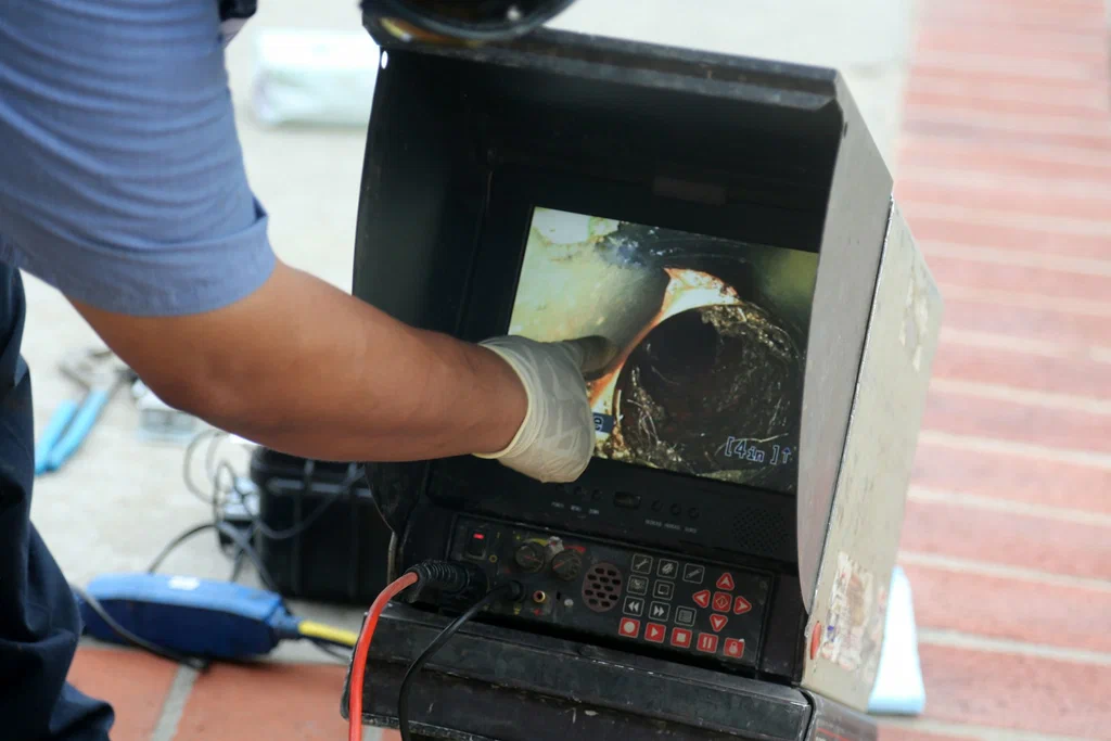 Technician viewing a drain inspection camera in Lakeland