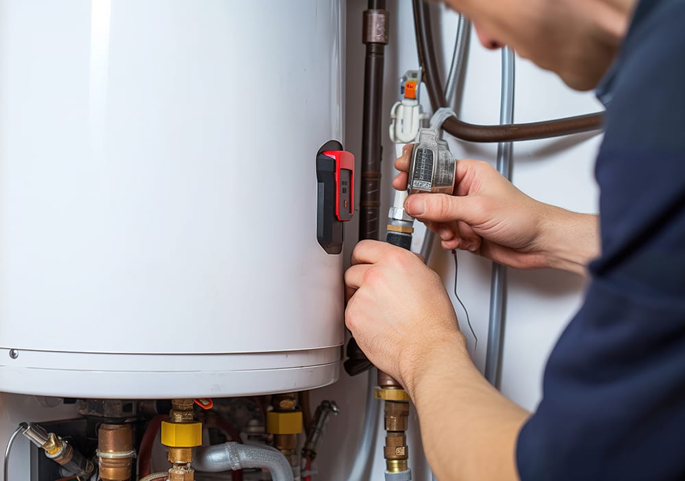 Technician repairing pipes connected to a water heater in Lakeland